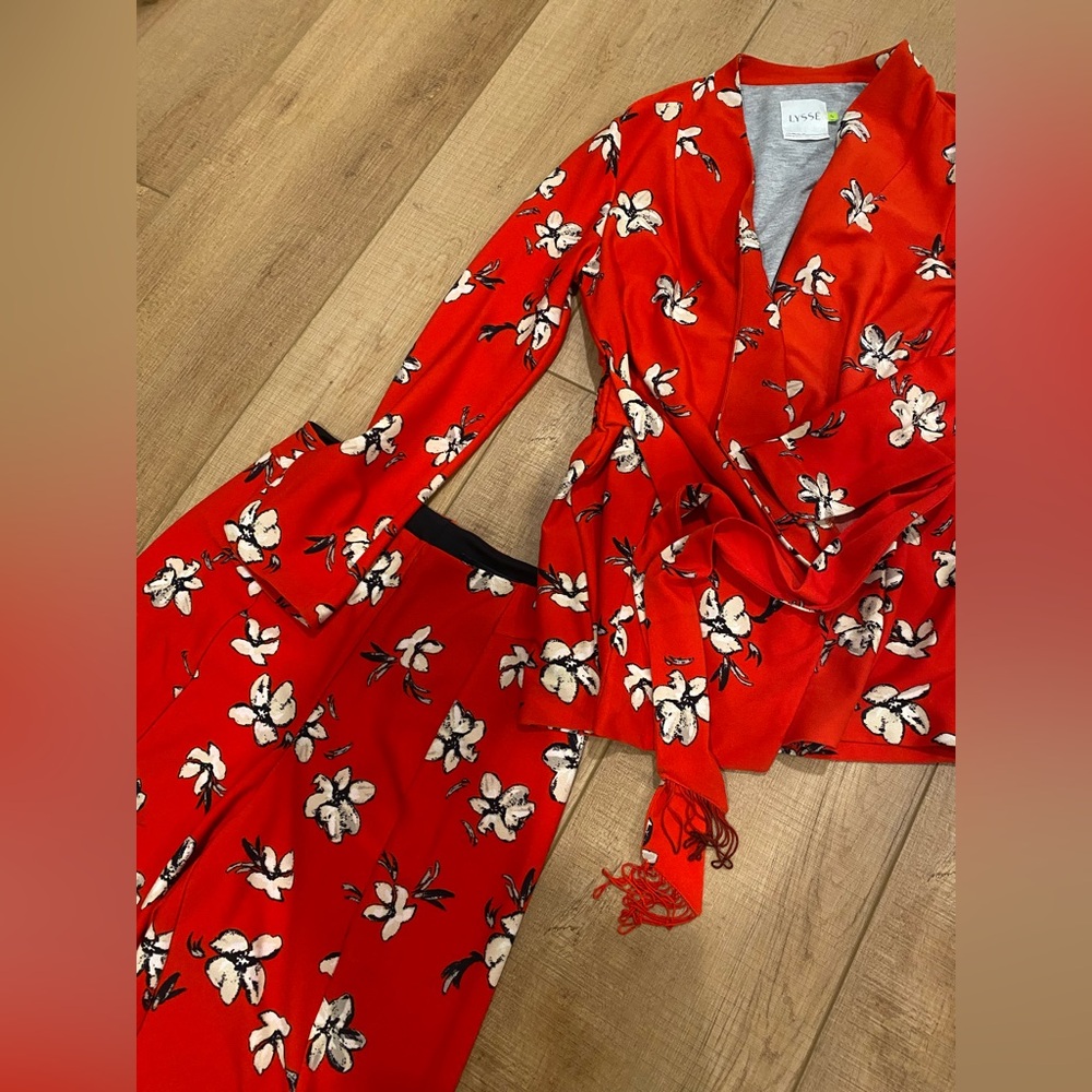 Lyses Red Floral Wrap Top and Skirt Set